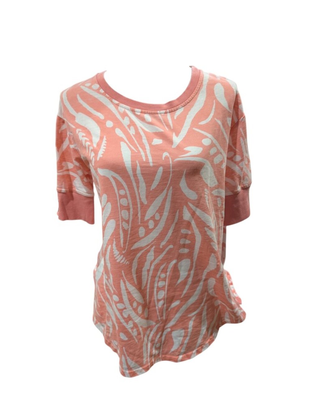 Jane + Delancey  Tee Shirt Short Sleeve Swirl Pattern Coral White M Button Trim